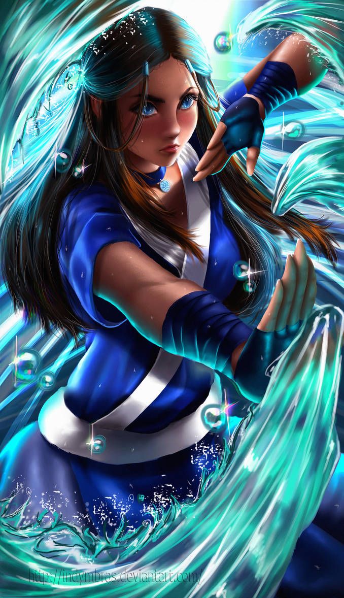 a woman in blue and white is holding her hand out to the side, with water swirling around her