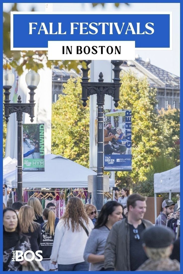 people are walking around in boston with the text fall festivals in boston on it's side