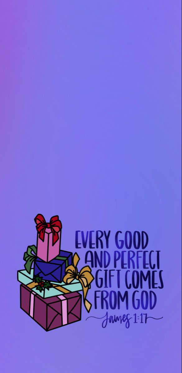 a purple and blue background with an image of a gift box that says, every good and perfect gift comes from god