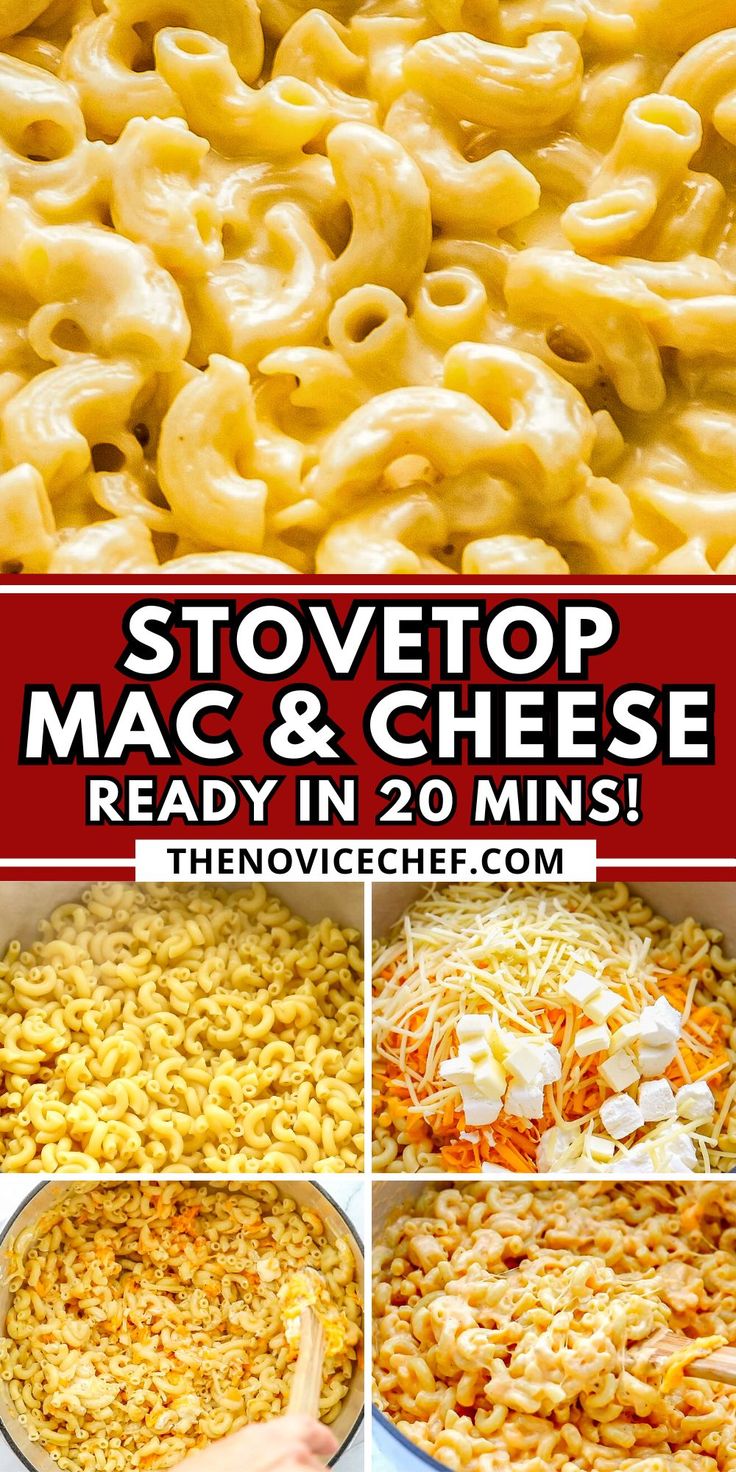 macaroni and cheese is shown with the words stovetop mac & cheese ready in 20 mins