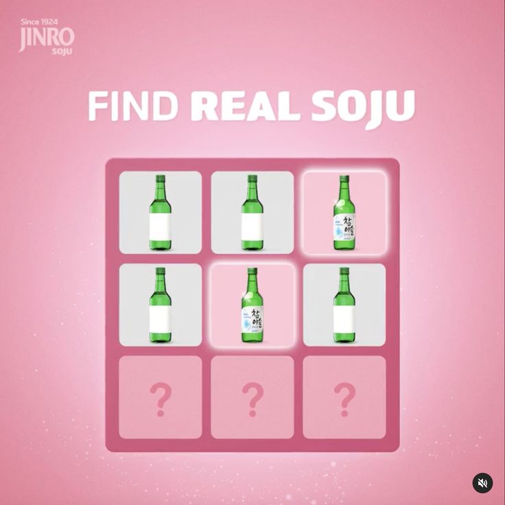 a pink poster with green bottles and question marks on the bottom right corner, which says find real sou