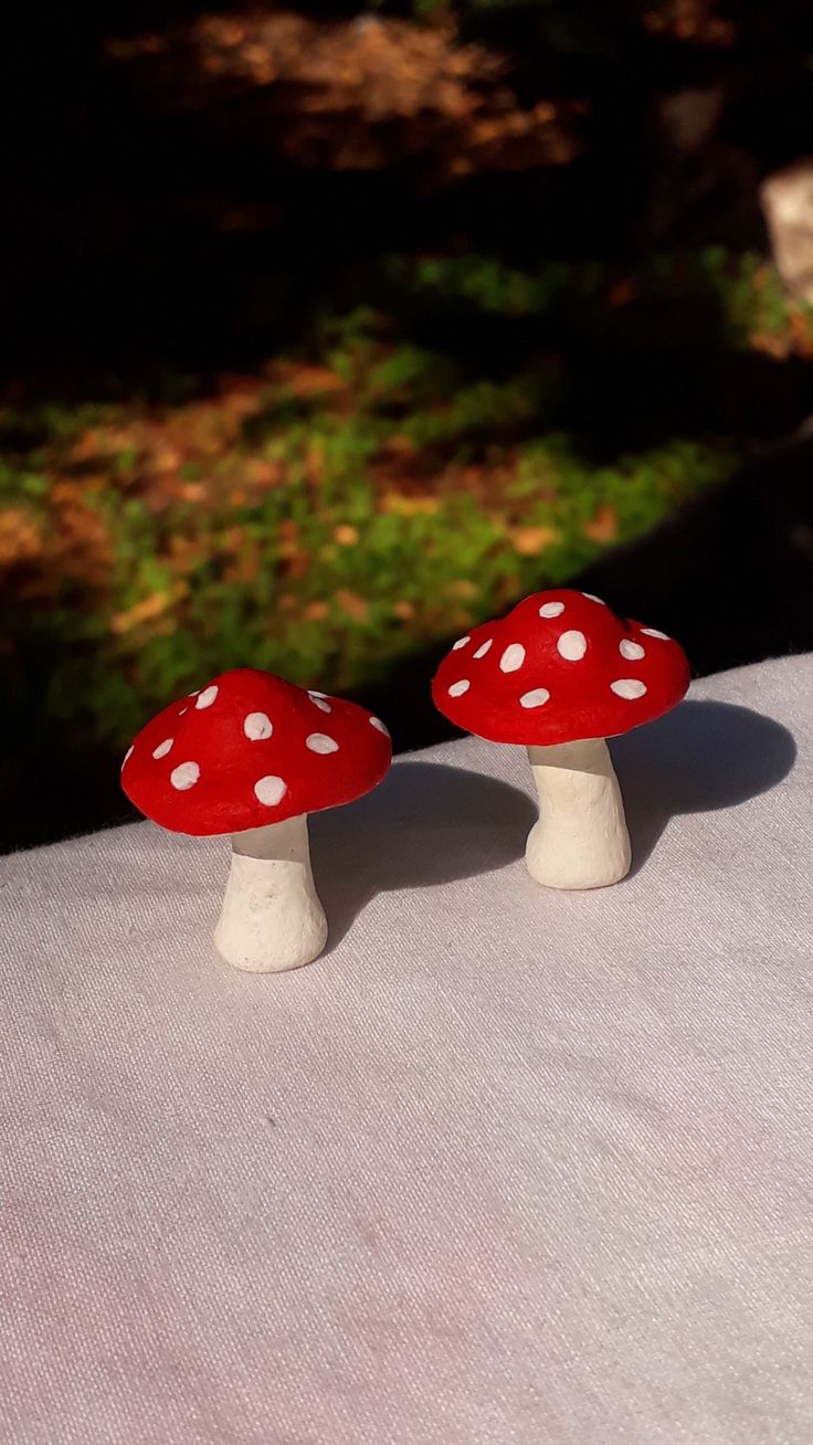 two small red mushrooms sitting on top of a white tablecloth covered table with trees in the background