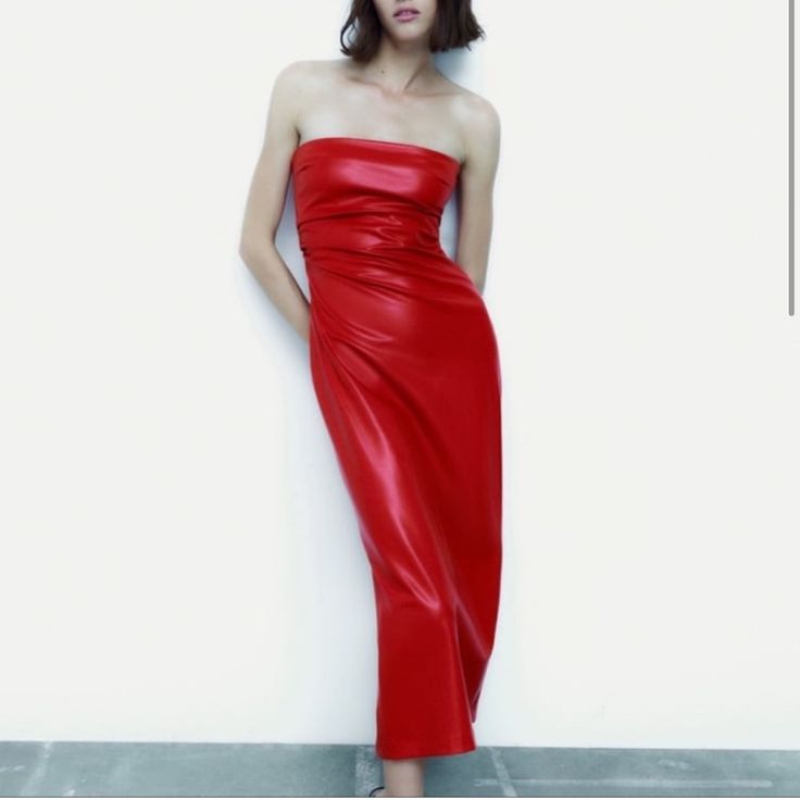 Beautiful Leather Red Dress Chic Maxi Dress For Red Carpet, Chic Summer Dresses For Red Carpet, Chic Strapless Dress For Red Carpet, Red Sleeveless Maxi Dress For Fall, Sleek Red Formal Dress, Sleek Red Dresses For Formal Occasions, Sleek Red Dress For Formal Occasions, Spring Red Carpet Maxi Dress, Red Sheath Dress For Fall