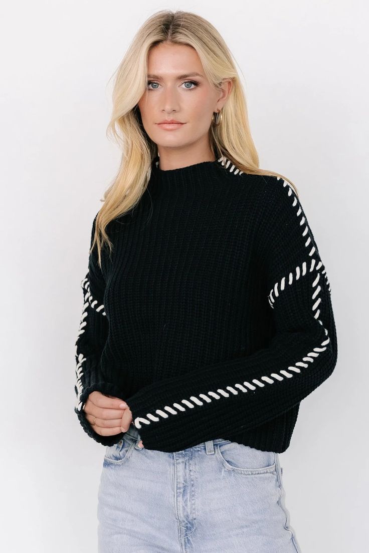 Discover the Madden Knit Sweater, where elegance meets comfort. Crafted from a cozy blend of 60% cotton and 40% acrylic, this drop shoulder style is perfect for staying warm while looking stylish. Cocktail Jumpsuit, Baltic Born, Romper Outfit, Velvet Fashion, Mock Turtleneck, Cozy Sweater, Sweater Knit, Cup Size, Sweater Black