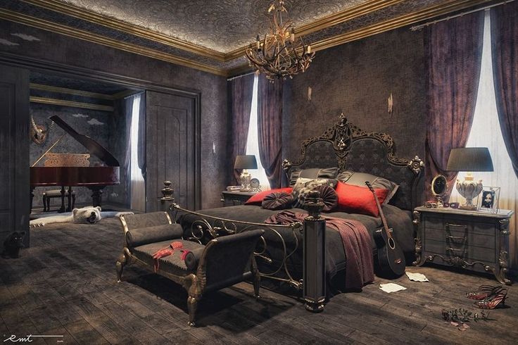 a bedroom with an ornate bed, piano and other furniture in the room at night