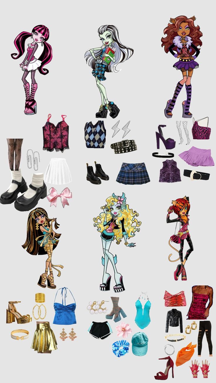 several different types of clothes and shoes are shown in this image, including high heeled boots