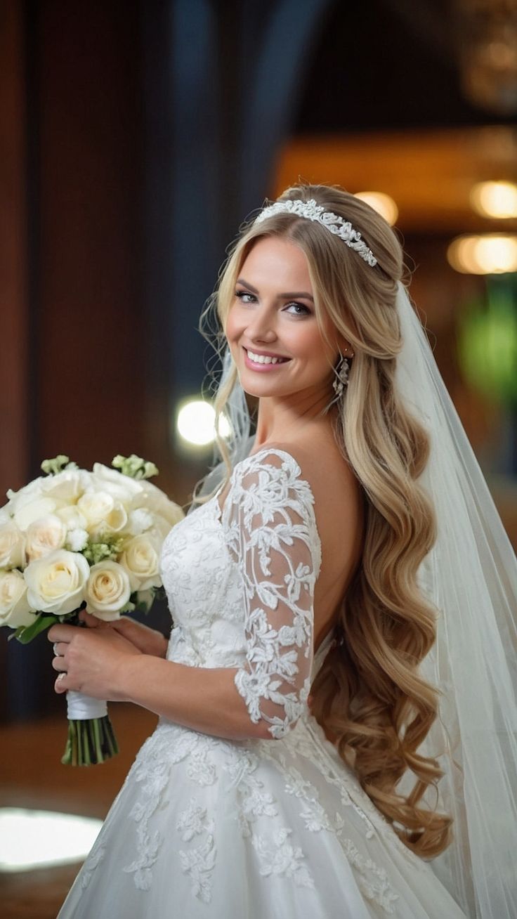 a woman in a wedding dress holding a bouquet of flowers and smiling at the camera