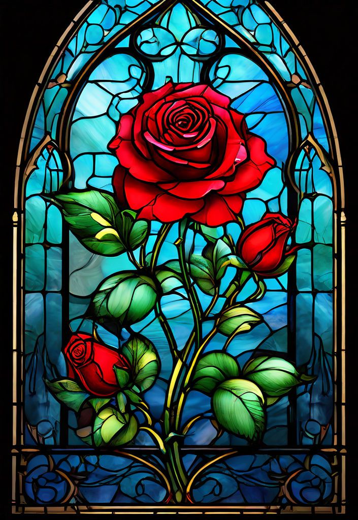 a stained glass window with red roses in it