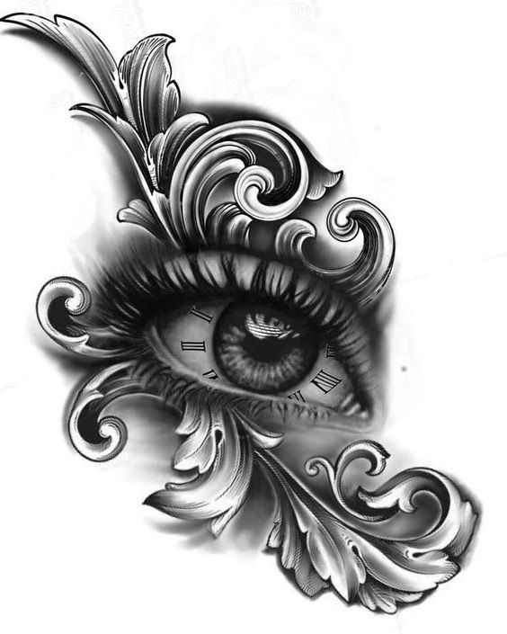 an eye with ornate designs on it and the iris in the center is drawn by hand