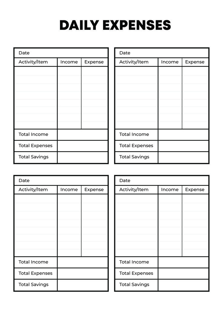 the worksheet for daily expenses is shown in black and white, with three sections labeled