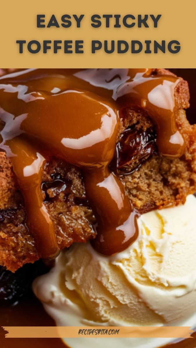 an ice cream sundae with caramel drizzle on top and the words easy sticky toffe pudding above it