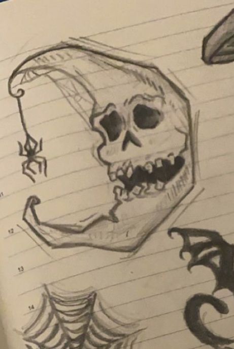 a drawing of a skull and spider webs on a page in an open notebook