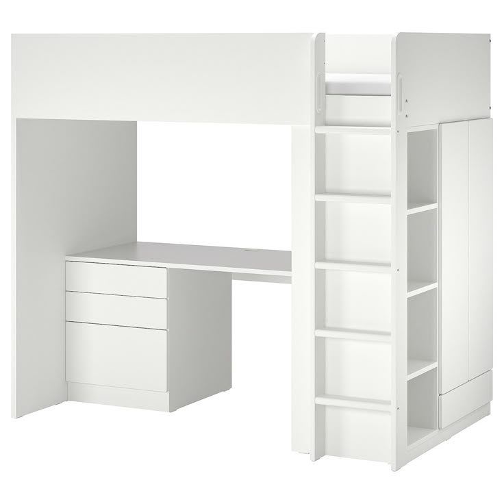 a white loft bed with desk and shelves on the bottom level, against a white background