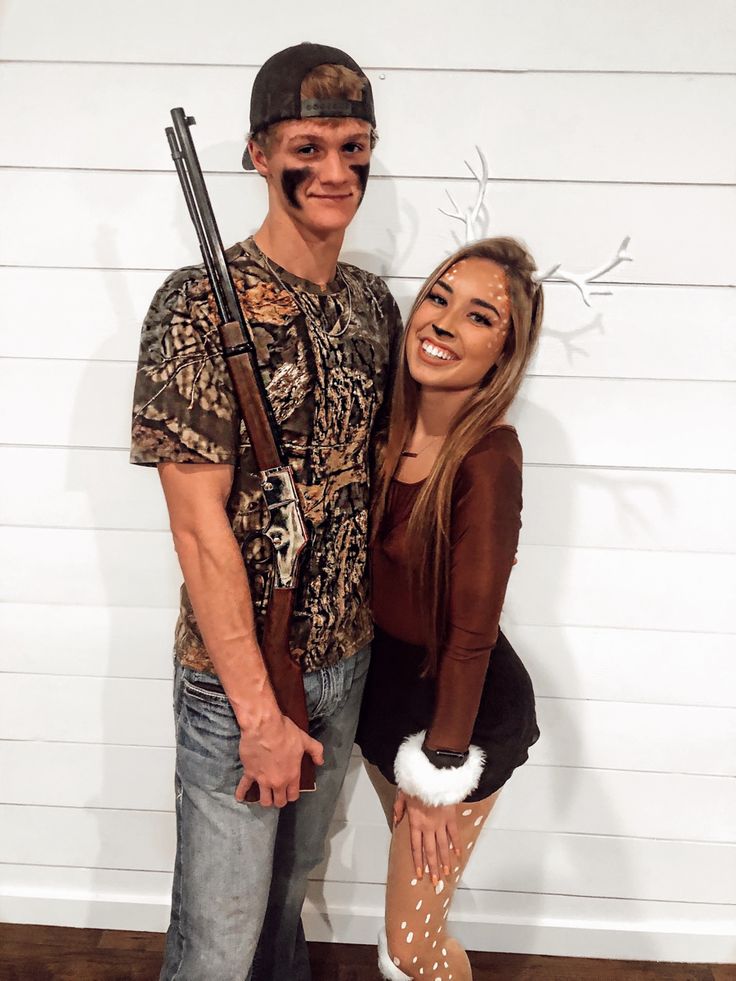 Bambi Couple Costume, Cute Easy Couples Halloween Costumes, Country Costumes For Couples, Couple Deer And Hunter Costume, Deer Snd Hunter Costume, Hunting Costume Ideas, Hunting Couple Halloween Costumes, 2 Man Halloween Costume, Hunter Deer Couple Costume