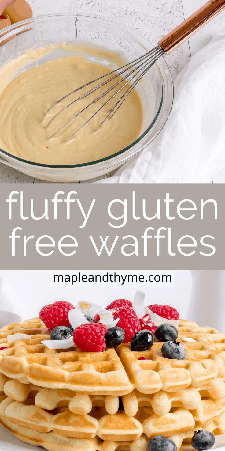 a plate topped with waffles and berries next to a bowl filled with batter