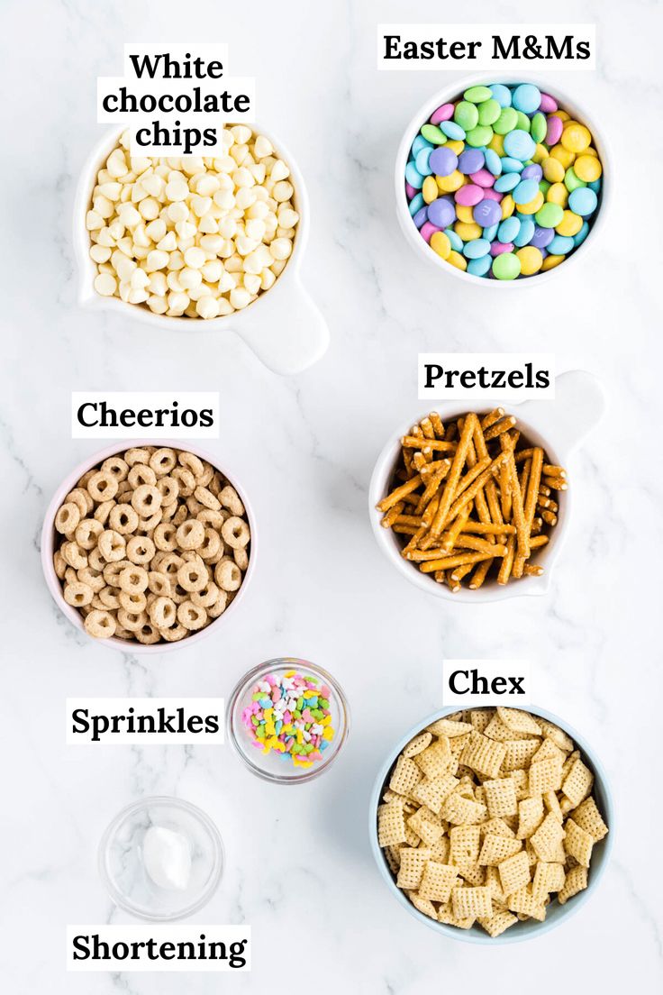 different types of cereal in bowls on a white counter top with words describing the ingredients