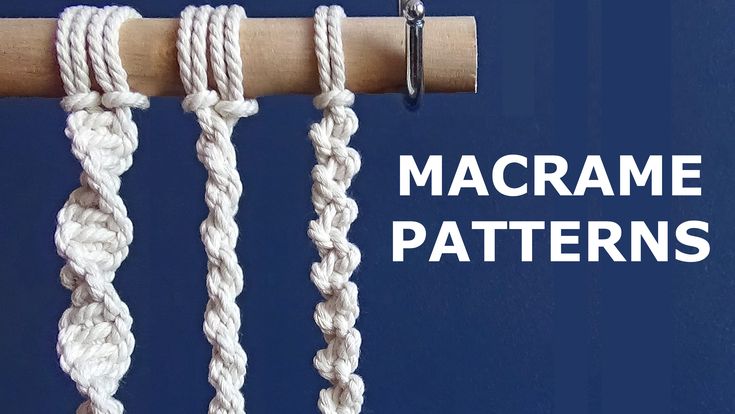 three different types of macrame hanging from a wooden rod with the words macrame patterns on it