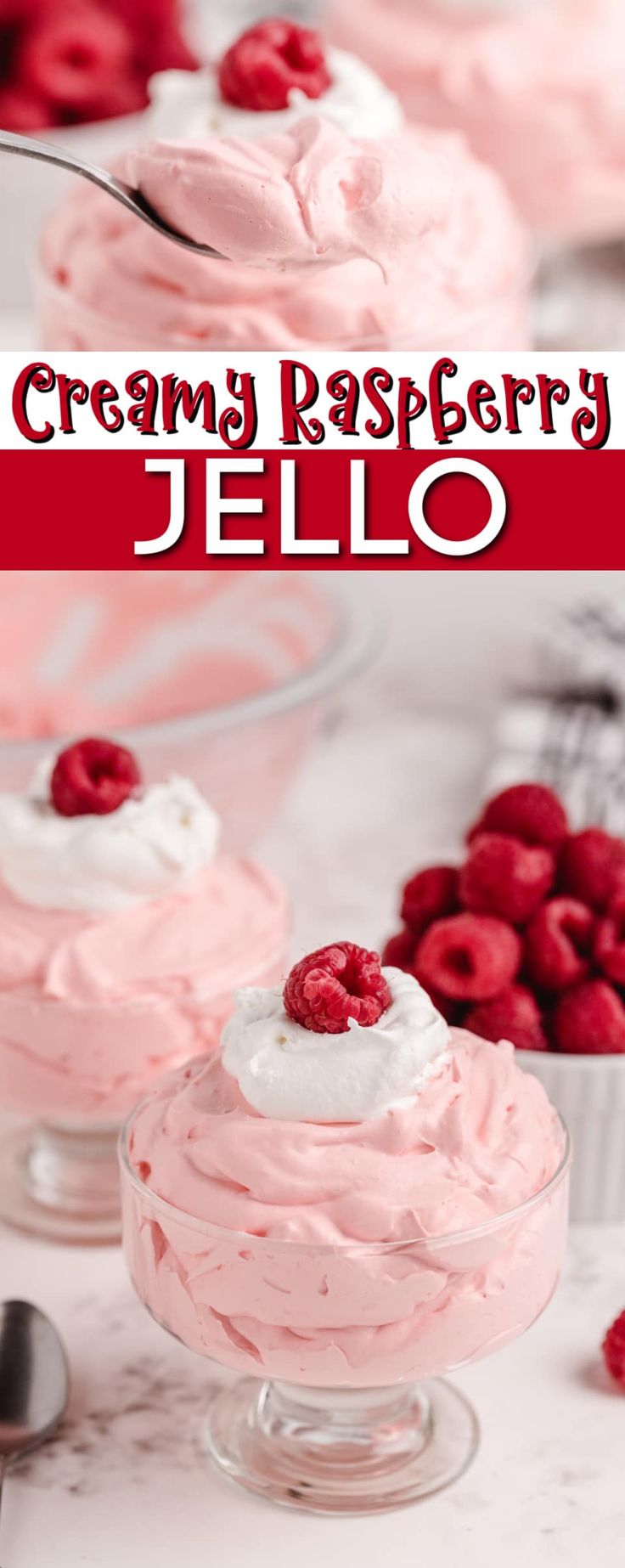 a dessert with raspberry jello and whipped cream on top is shown in the foreground