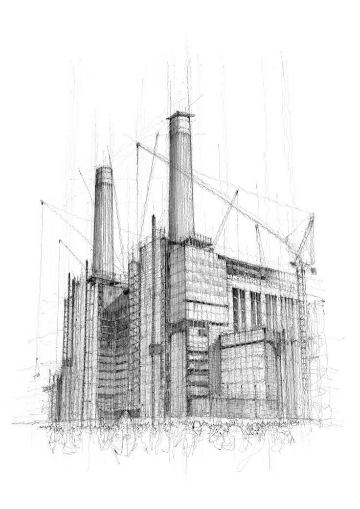 a black and white drawing of an industrial building with scaffolding on the side