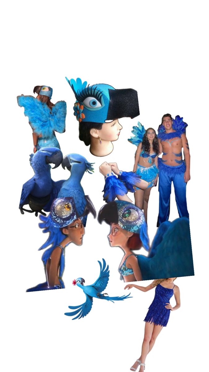 a group of people dressed in blue and wearing fancy costumes with peacocks on them