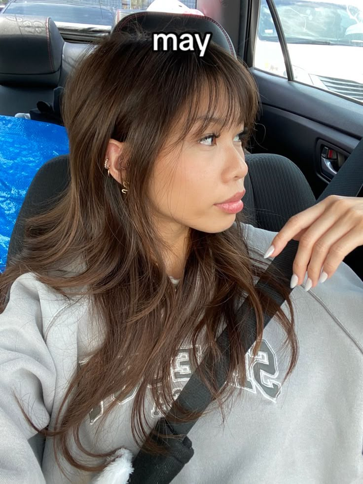 hair inspo bang wispy layered framed brown black hair asian Balayage Hair Asian Black, Dyed Hair On Asian Women, Asian Dyed Brown Hair, Brunette Hair On Asians, Brown Hair Dye On Black Hair, Light Brown Hair Filipino, Hair Ideas For Asians, Wispy Bangs Long Layered Hair, Balayage Hair Filipino