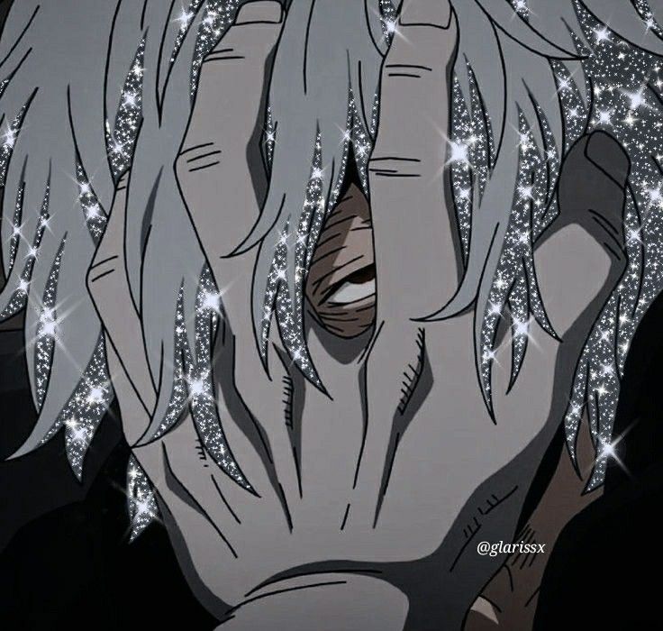 an anime character with long white hair covering his face and hands in front of him