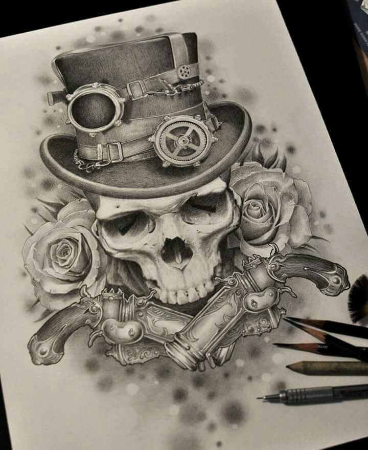 Art by Goran Furjan Tattoo Crane, Steampunk Drawing, Steampunk Tattoo, Skull Sketch, Roses Tattoo, Geniale Tattoos, Skull Tattoo Design, Symbol Tattoos, Skull Artwork