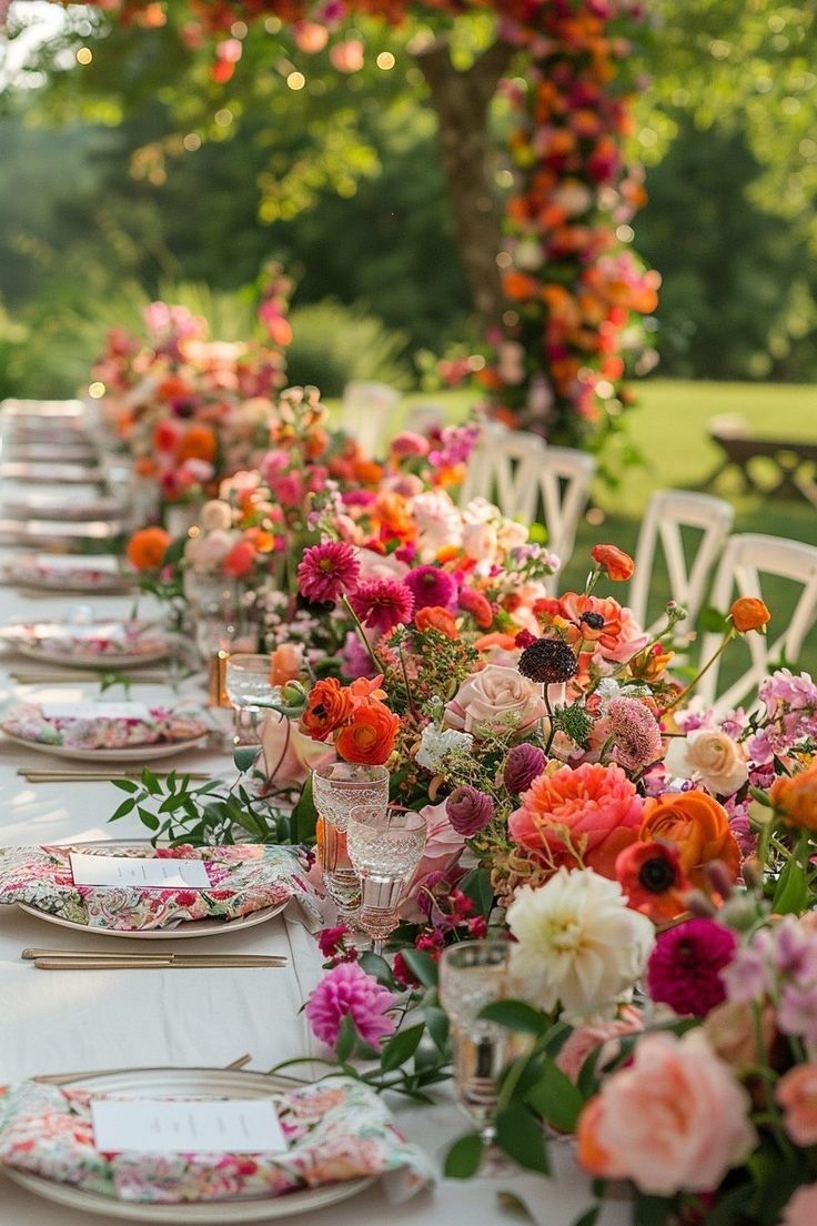 a long table with plates and flowers on it is set up for an outdoor dinner