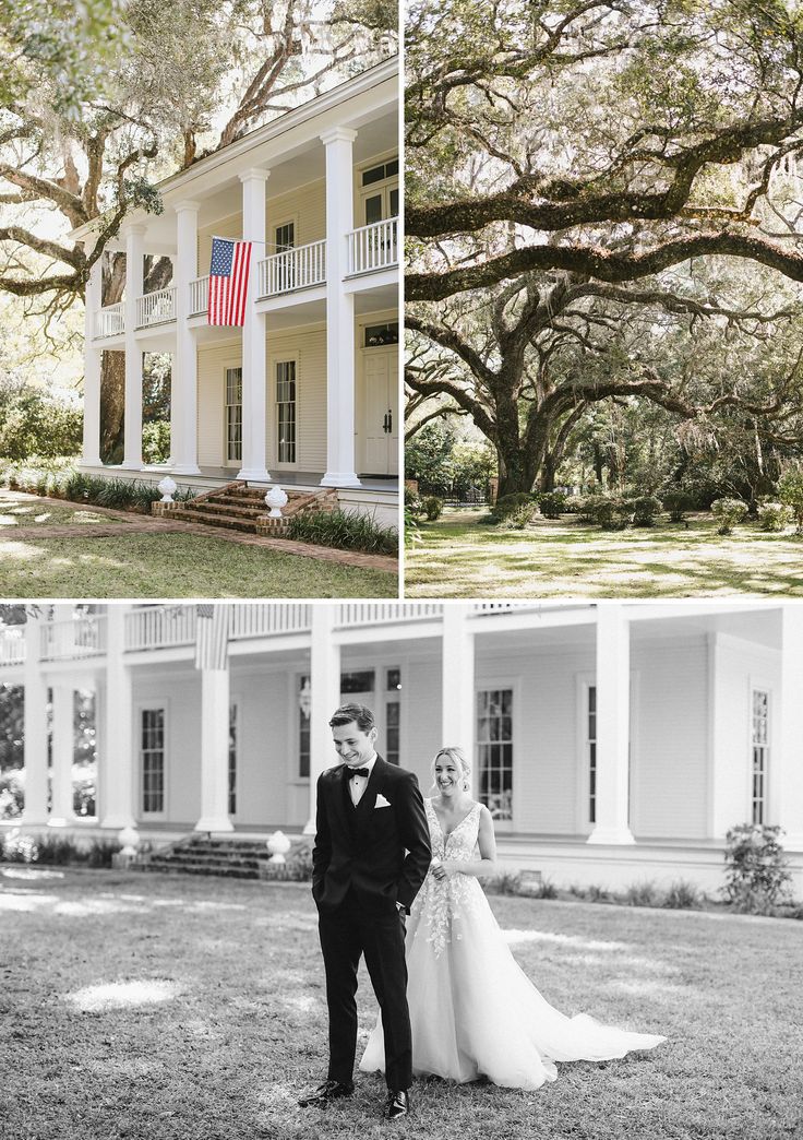 a bride and groom standing in front of a large white house with an american flag on the porch