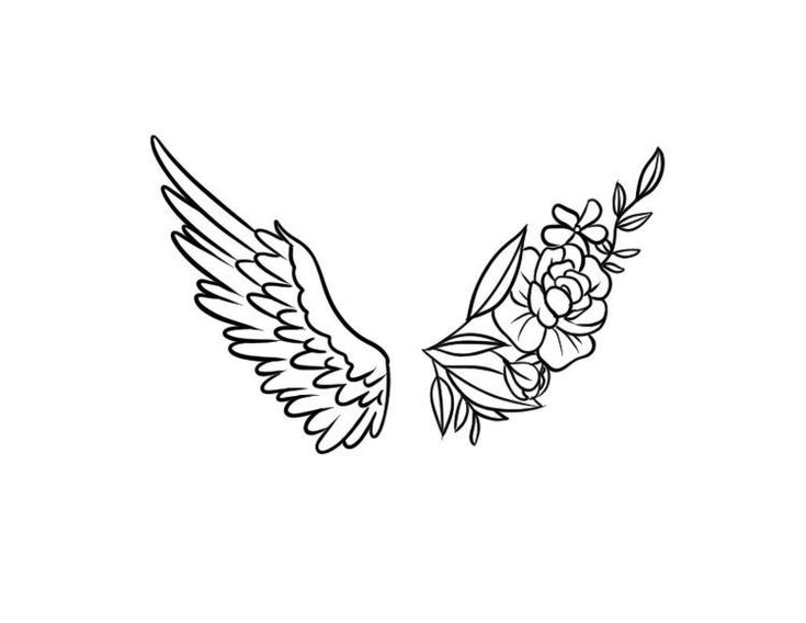 a black and white drawing of two wings with flowers