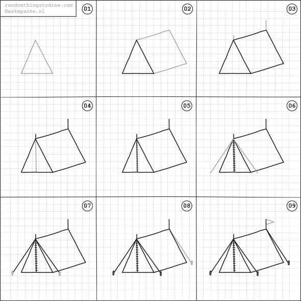 how to draw a tent step by step instructions for kids and adults with pictures on it