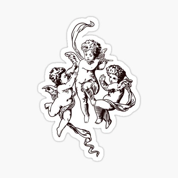 an ink drawing of three cherubs with the moon in the background