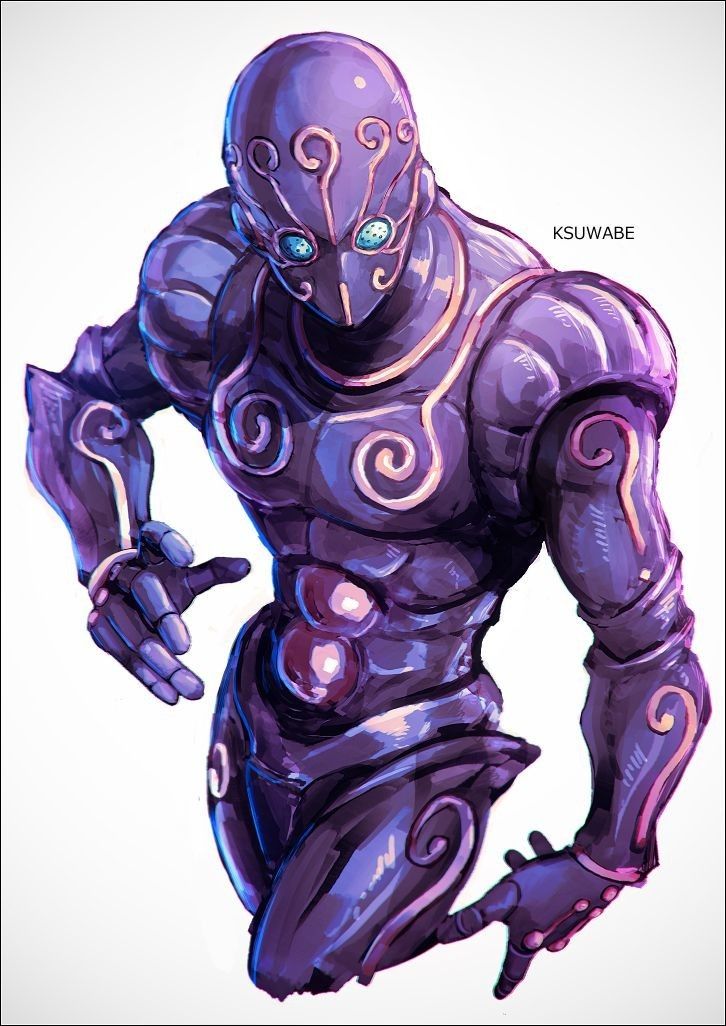 a drawing of a man in purple armor