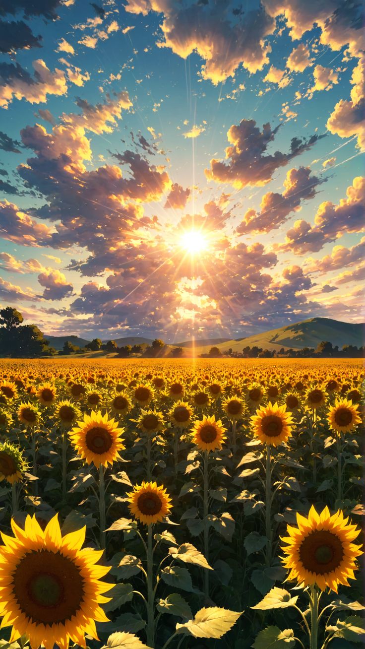 the sun shines brightly over a large field of sunflowers