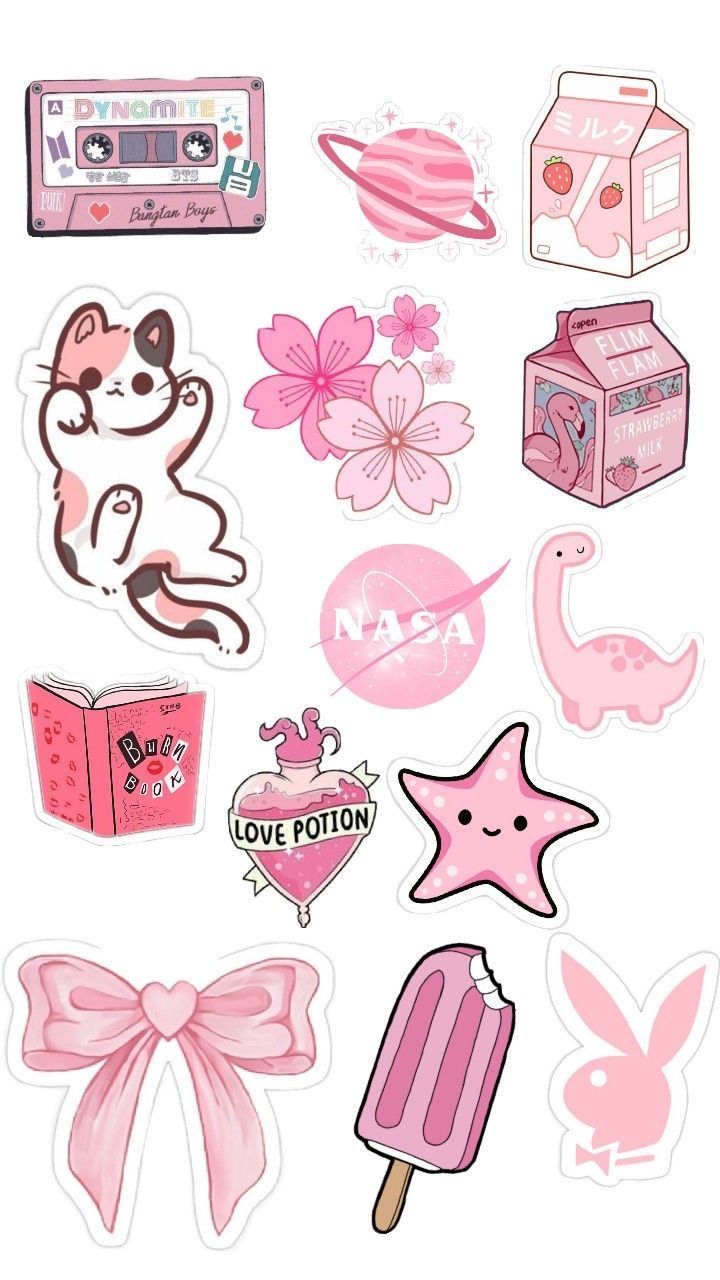 some stickers that are on the side of a white wall with pink and purple items