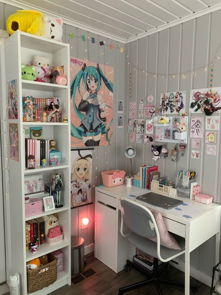 a room with a desk and shelves filled with stuff on the wall, along with other items