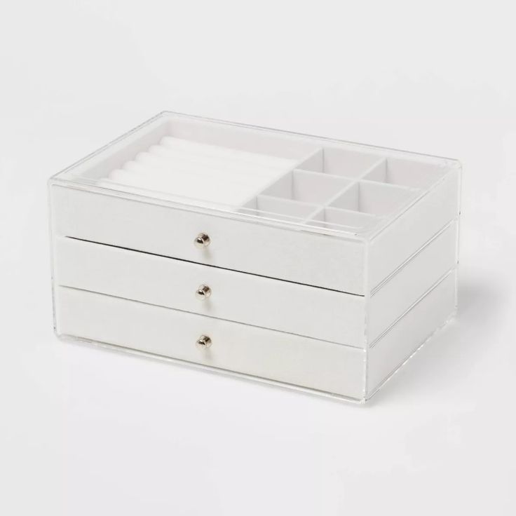 a white box with three drawers on it