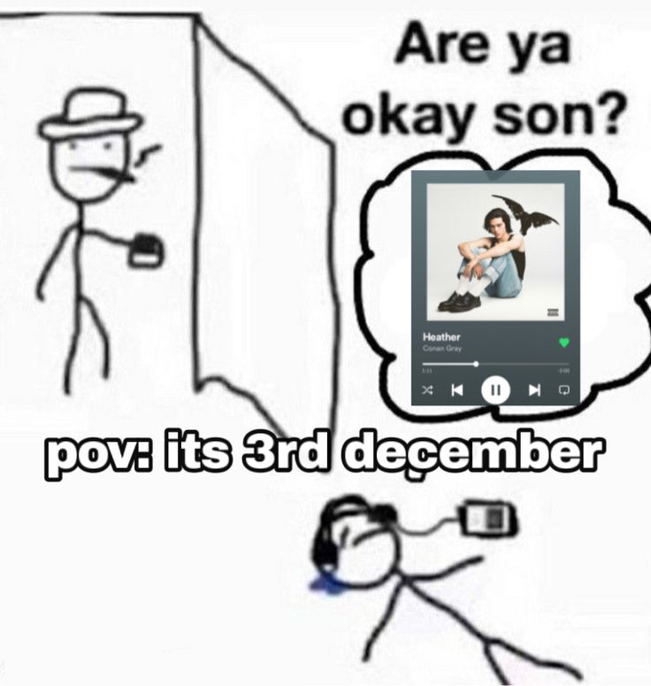 a cartoon drawing of a man with headphones and an app on his phone, which says are ya okay son? pov it's 3rd december