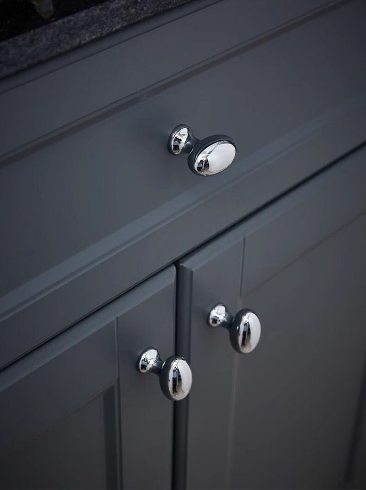 two knobs on the handles of a gray cabinet