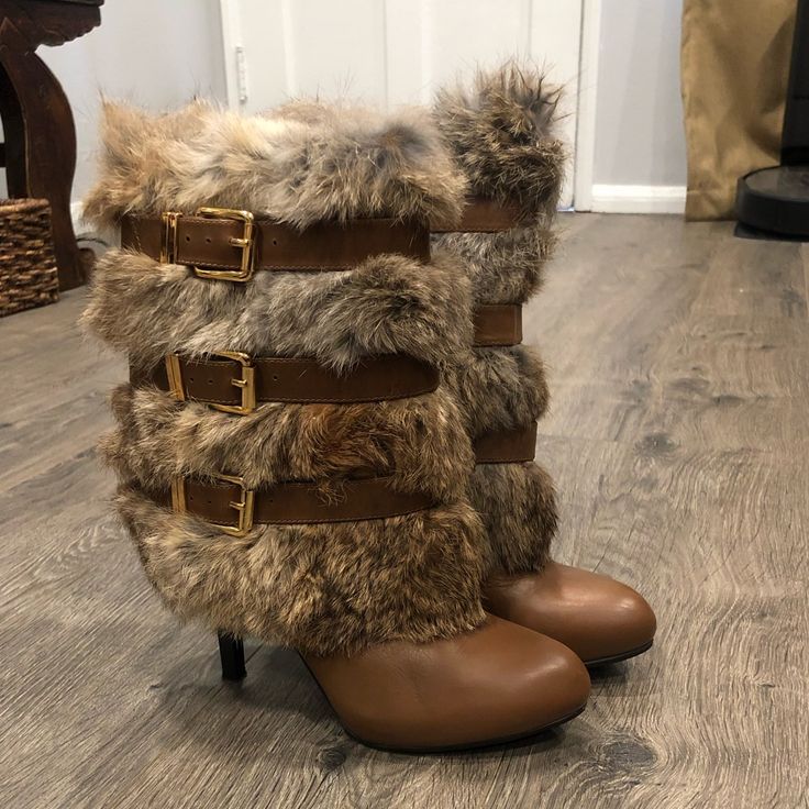 Authentic Rabbit Fur Boots With Gold Hardware. Pristine Condition. European Size 36.5 Ships Same Or Next Day. High Heel Boots With Fur, Gyaru Winter Fashion, Y2k Fur Boots, Luxury Brown Heeled Boots For Winter, Luxury Brown Winter Heeled Boots, Boots With Straps, Weird Shoes, Sparkly Boots, Stella Luna