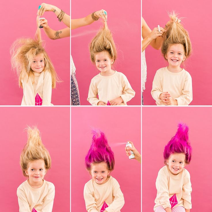 kids-halloween-troll-hair-tutorial Princess Braid, Troll Costume, Trolls Birthday Party, Troll Party, Side Hairstyles, Troll Dolls, Halloween Hair, Crazy Hair Days, Halloween 2017