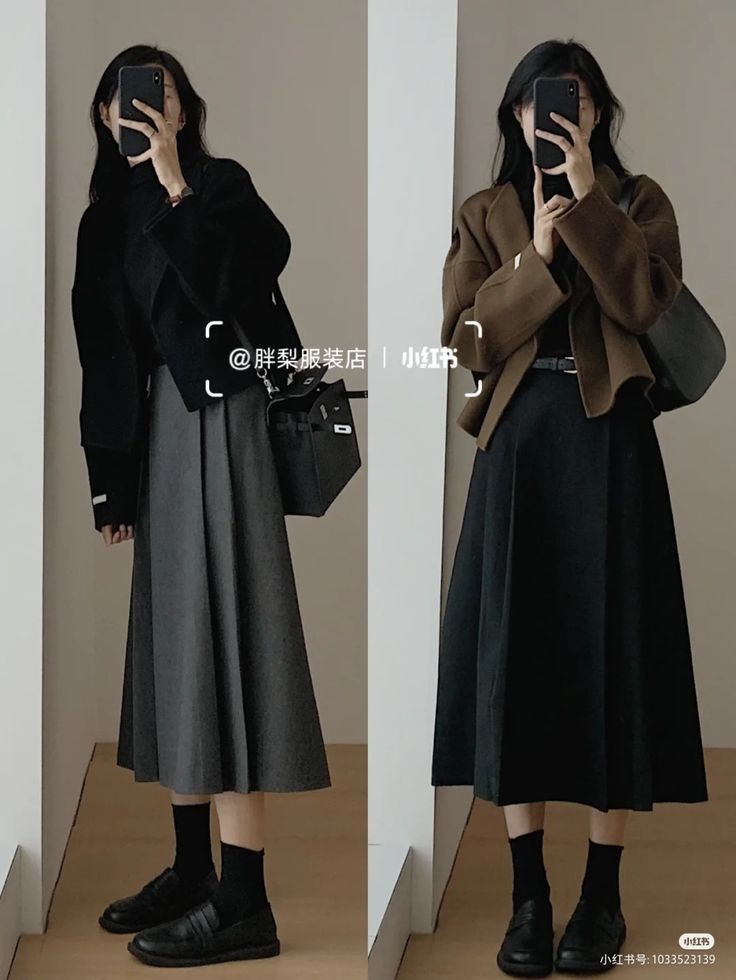 Chinese Womens Fashion, Long Skirt And Jacket Outfit, Intj Outfit Women, Long Black Skirt Outfit Hijab, Neat Casual Outfits, Simple Style Outfits, Fashion Top Outfits, Hijab Fashion Inspiration, Japanese Outfits