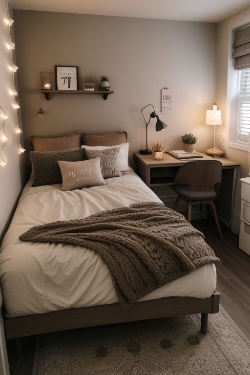 a bed sitting in a bedroom next to a window with lights on the side of it