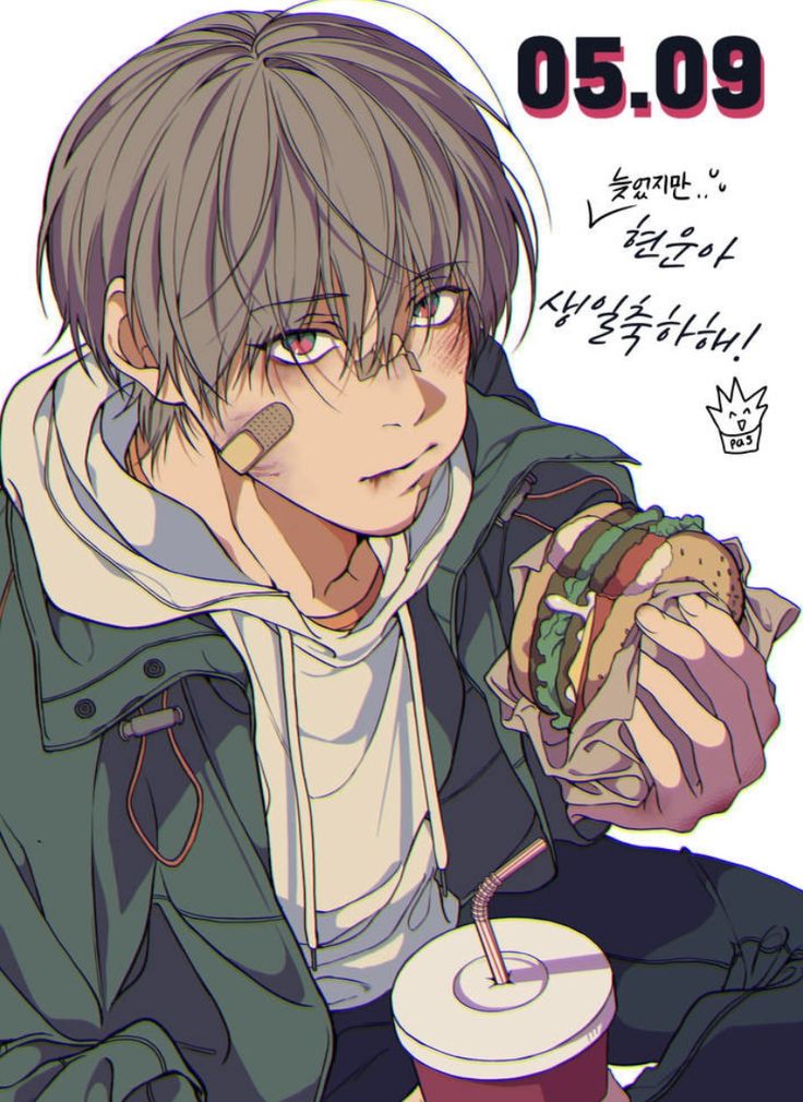 an anime character eating a hamburger and holding a drink in one hand with the other hand