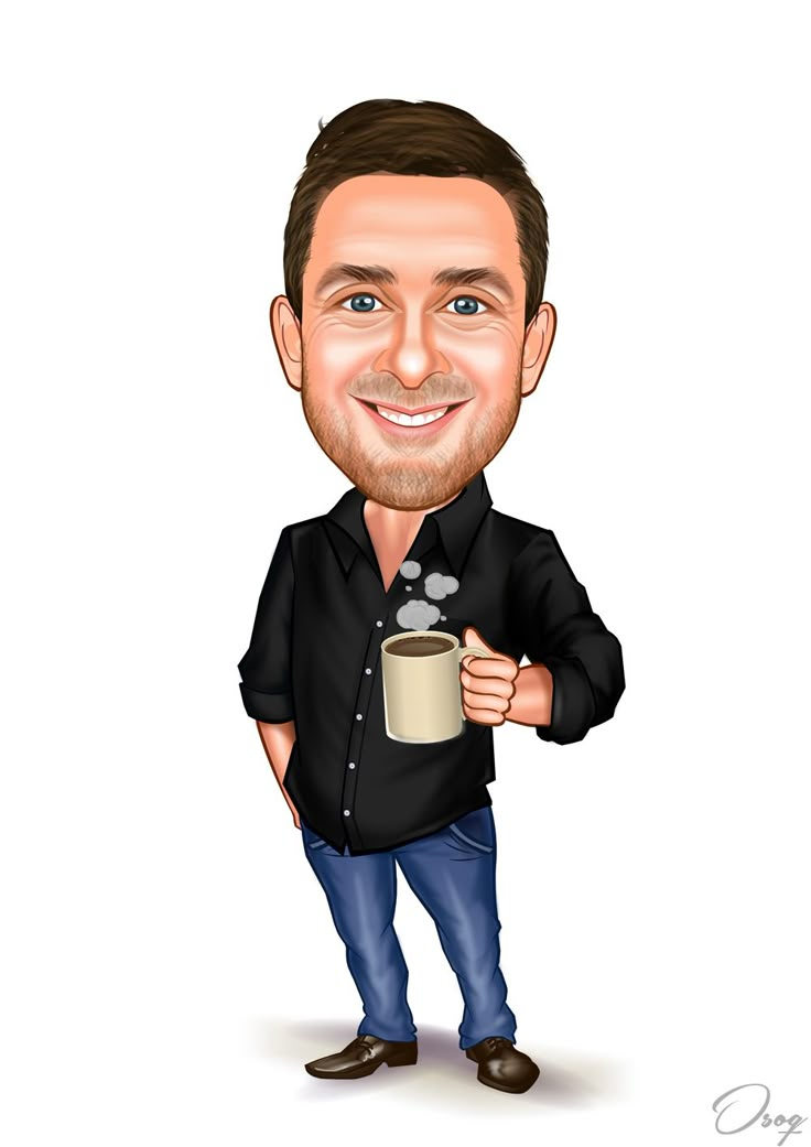 a caricature of a man holding a coffee mug