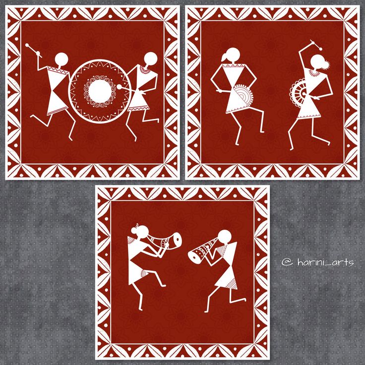 three red and white pictures with people playing instruments on the same piece of cloth,