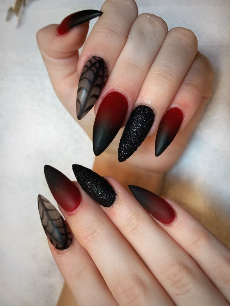 my Halloween nails Red And Black Witch Nails, Red And Black Halloween Nails Coffin, Black And Red Ombre Halloween Nails, Vampy Halloween Nails, Blood Red Halloween Nails, Halloween Nails Maroon, Dracula Nail Art, Dark Nails Acrylic Coffin, Red And Black Halloween Nail Designs