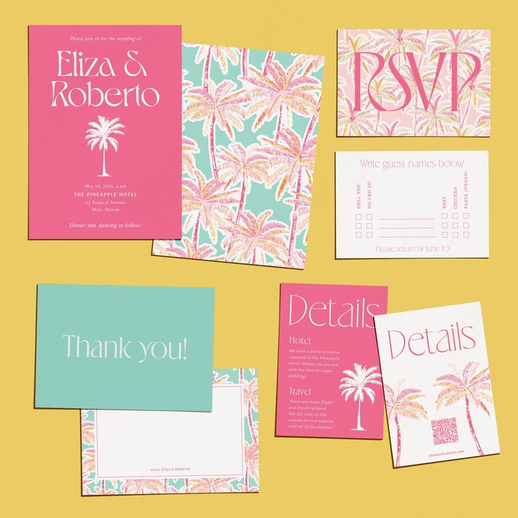 the wedding stationery is laid out on top of each other, with palm trees