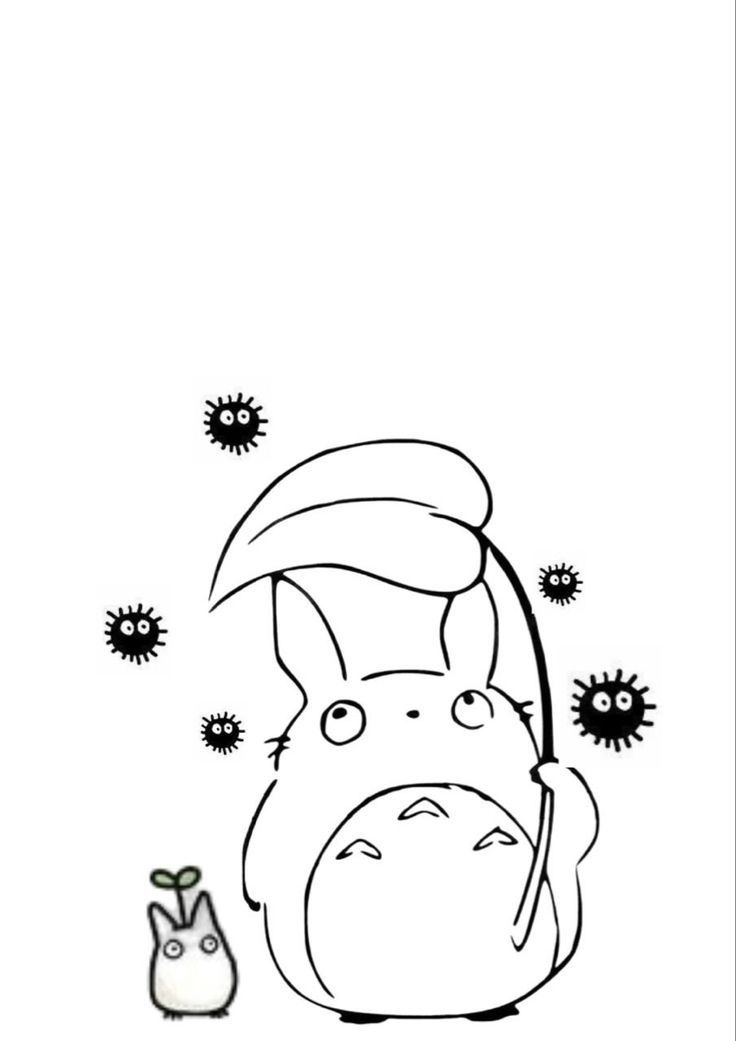 a black and white drawing of a totoro with some germs in the background