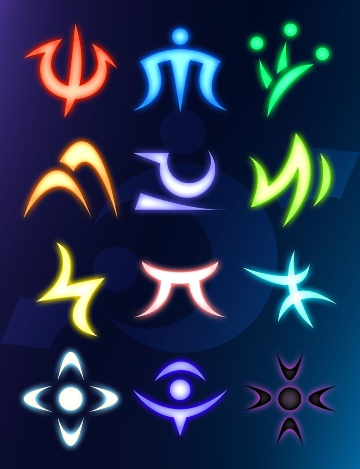 an array of different colored symbols on a black background